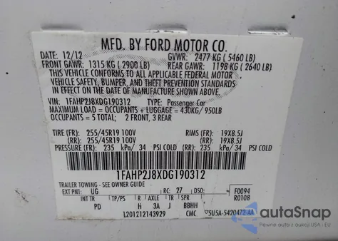 2013 Ford Taurus Limited from USA, damaged, VIN 1FAHP2J8XDG190312
